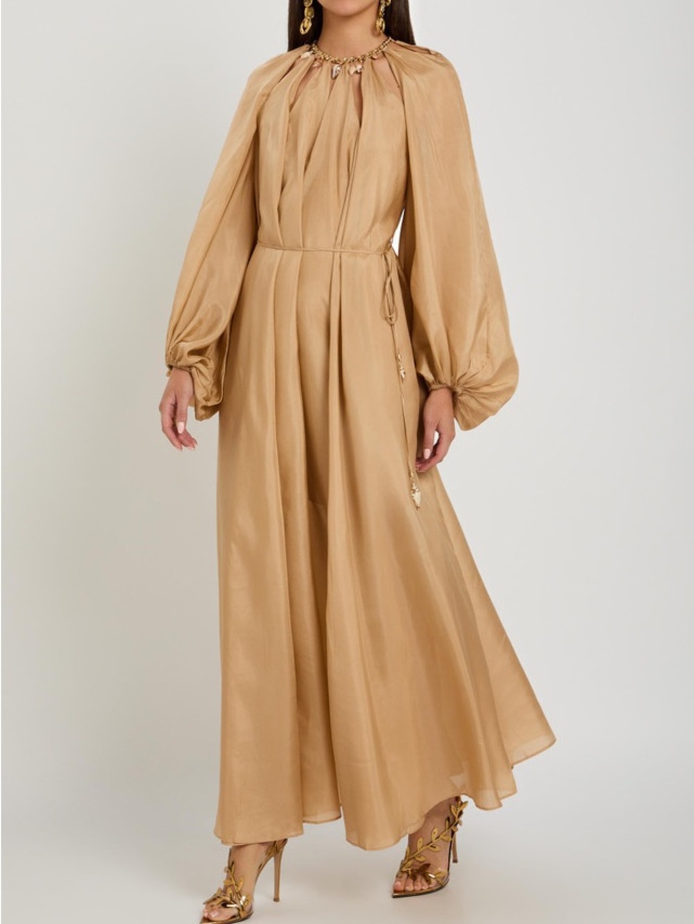 NWOT Zimmermann Taupe Long-Sleeve Silk Maxi Dress with Beaded Neckline Size AU 2